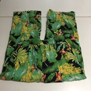 Nicole Miller Womens Linen Pants Small Tropical Wide Leg Elastic Waist green